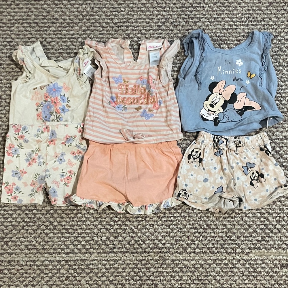 12M Minnie Mouse & Floral Toddler Summer Outfit Bundle - Blue, Peach, Cream